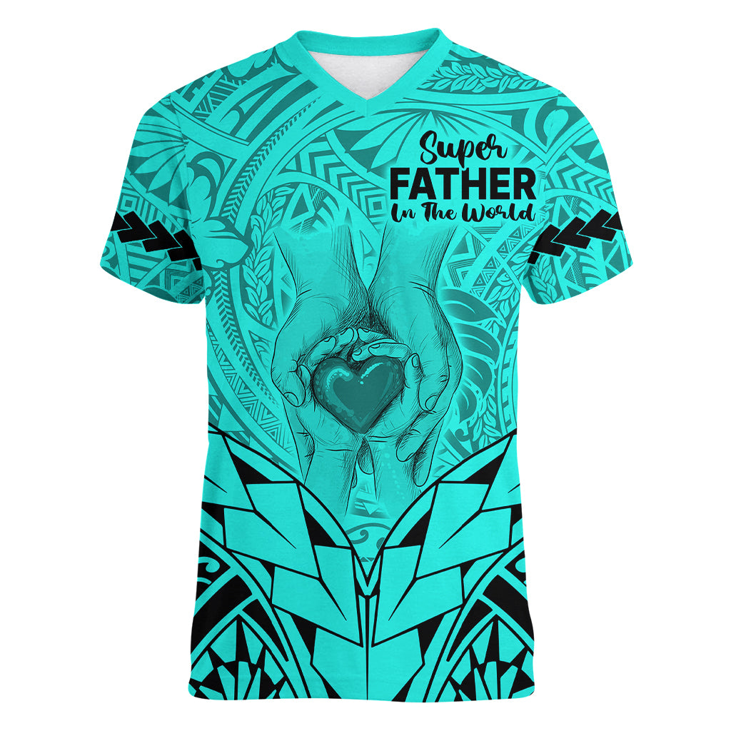 Polynesian Father's Day Gift For Dad Women V Neck T Shirt Super Father In The World - Turquoise Polynesian Pattern - Wonder Print Shop