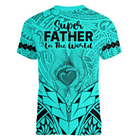 Polynesian Father's Day Gift For Dad Women V Neck T Shirt Super Father In The World - Turquoise Polynesian Pattern - Wonder Print Shop