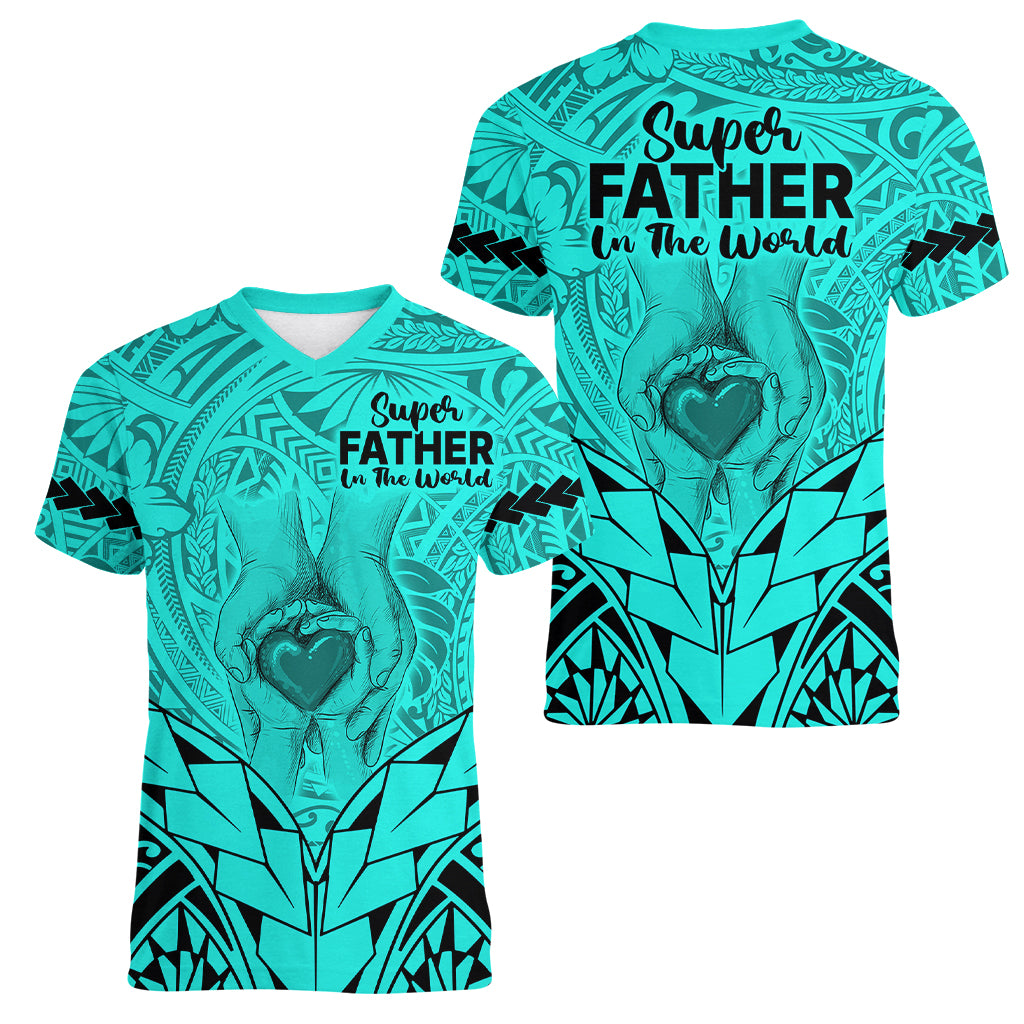 Polynesian Father's Day Gift For Dad Women V Neck T Shirt Super Father In The World - Turquoise Polynesian Pattern - Wonder Print Shop
