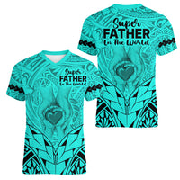 Polynesian Father's Day Gift For Dad Women V Neck T Shirt Super Father In The World - Turquoise Polynesian Pattern - Wonder Print Shop