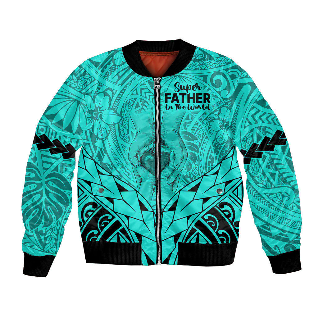 Personalised Polynesian Father's Day Gift For Dad Bomber Jacket Super Father In The World - Turquoise Polynesian Pattern LT9 - Wonder Print Shop