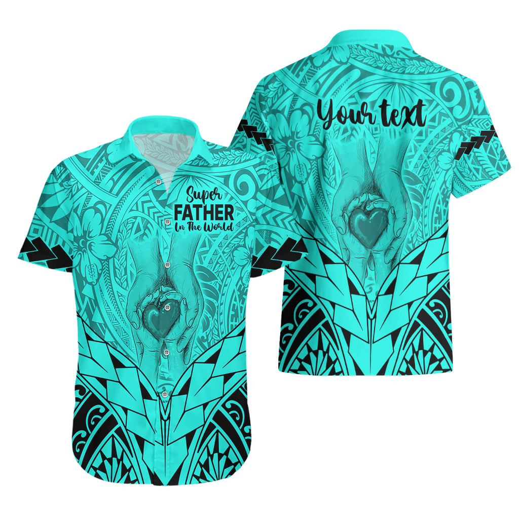 Personalised Polynesian Father's Day Gift For Dad Hawaiian Shirt Super Father In The World - Turquoise Polynesian Pattern - Wonder Print Shop