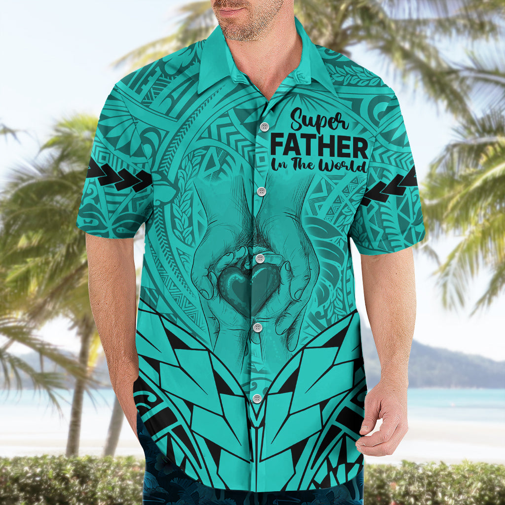Personalised Polynesian Father's Day Gift For Dad Hawaiian Shirt Super Father In The World - Turquoise Polynesian Pattern - Wonder Print Shop