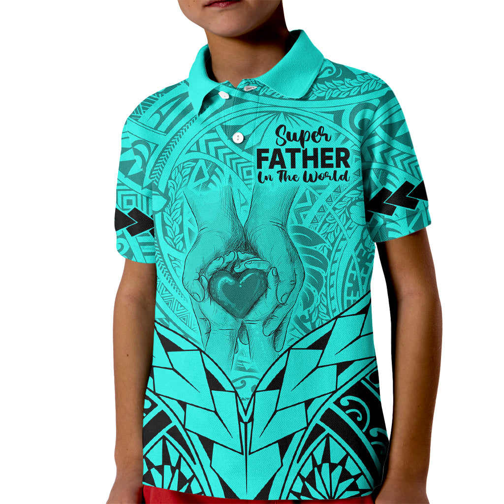Custom Polynesian Fathers Day Gift For Dad Polo Shirt for Kid Super Father In The World Turquoise Polynesian Pattern - Wonder Print Shop