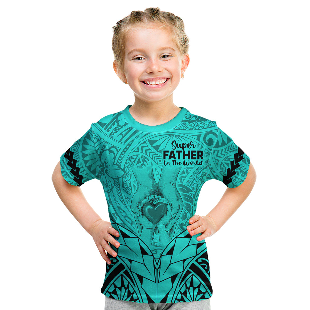 Personalised Polynesian Father's Day Gift For Dad Kid T Shirt Super Father In The World - Turquoise Polynesian Pattern - Wonder Print Shop