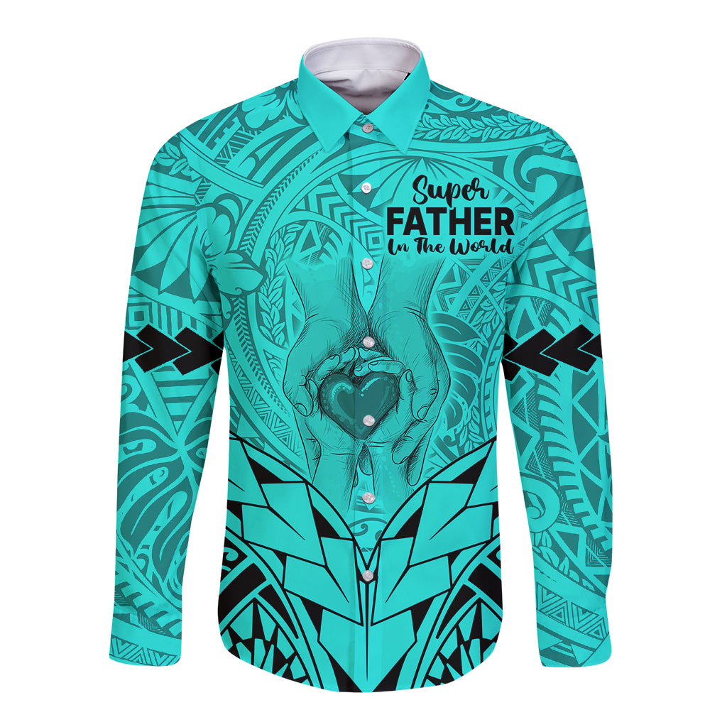 Personalised Polynesian Father's Day Gift For Dad Long Sleeve Button Shirt Super Father In The World - Turquoise Polynesian Pattern - Wonder Print Shop