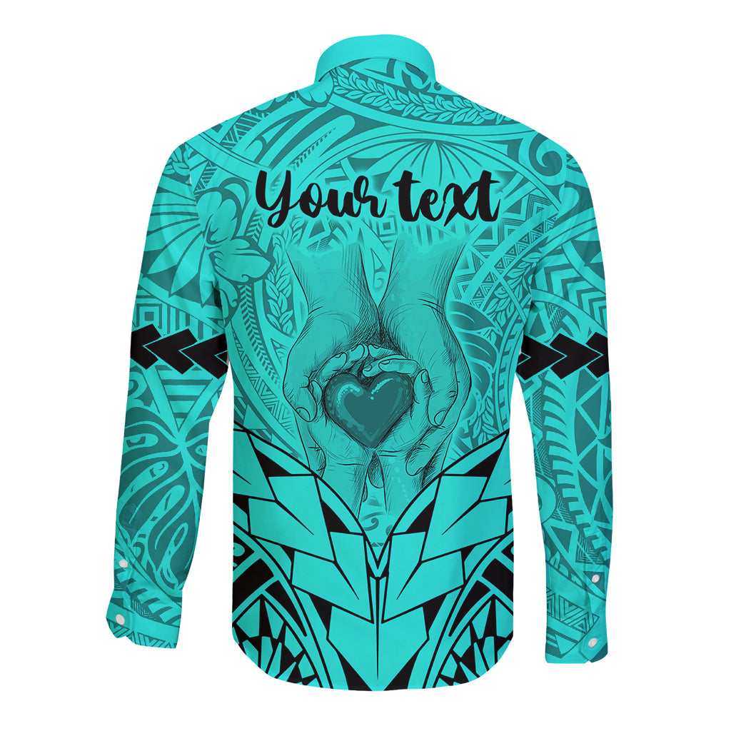 Personalised Polynesian Father's Day Gift For Dad Long Sleeve Button Shirt Super Father In The World - Turquoise Polynesian Pattern - Wonder Print Shop