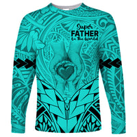 Personalised Polynesian Father's Day Gift For Dad Long Sleeve Shirt Super Father In The World - Turquoise Polynesian Pattern - Wonder Print Shop