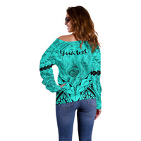 Personalised Polynesian Father's Day Gift For Dad Off Shoulder Sweater Super Father In The World - Turquoise Polynesian Pattern - Wonder Print Shop