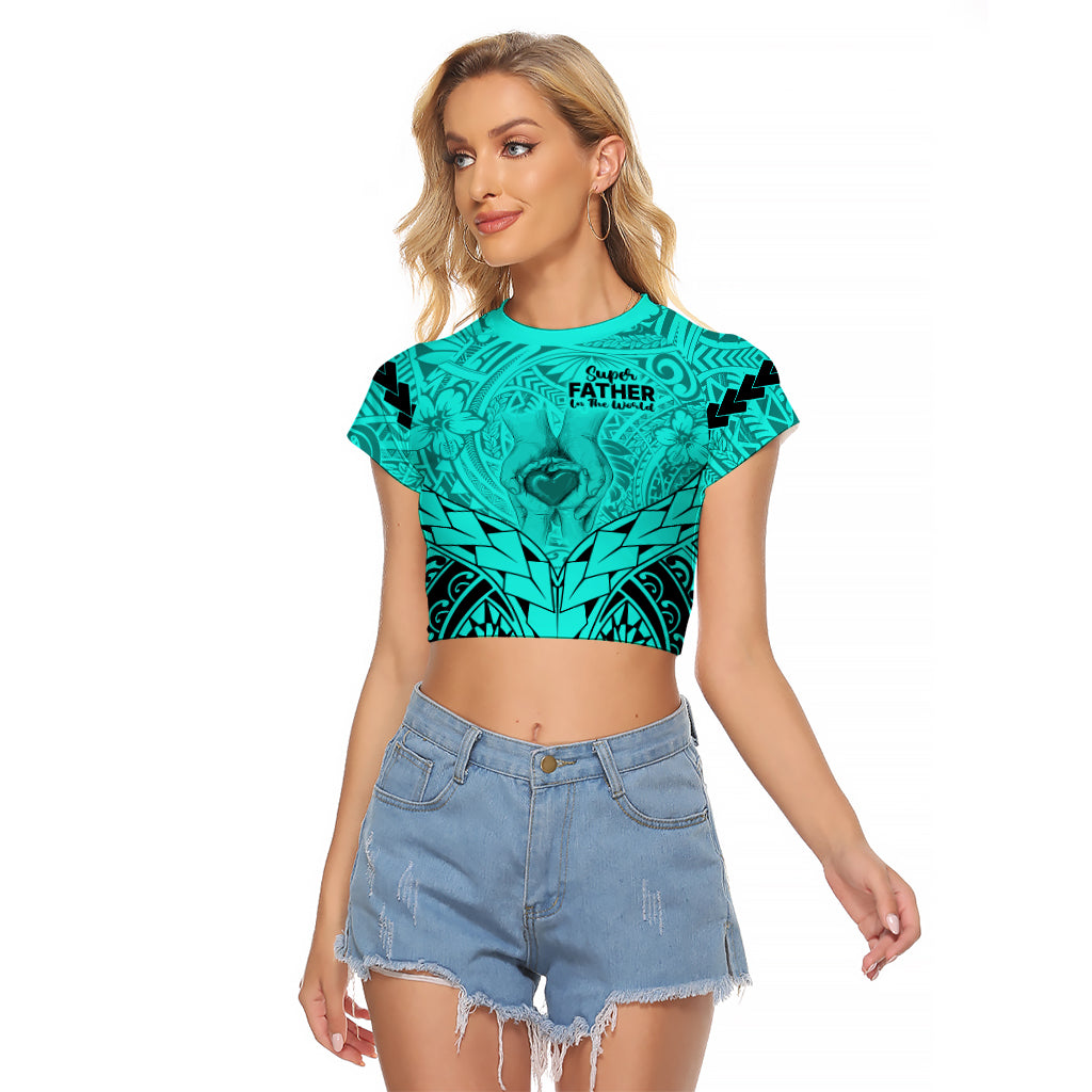 Personalised Polynesian Father's Day Gift For Dad Raglan Cropped T Shirt Super Father In The World - Turquoise Polynesian Pattern - Wonder Print Shop