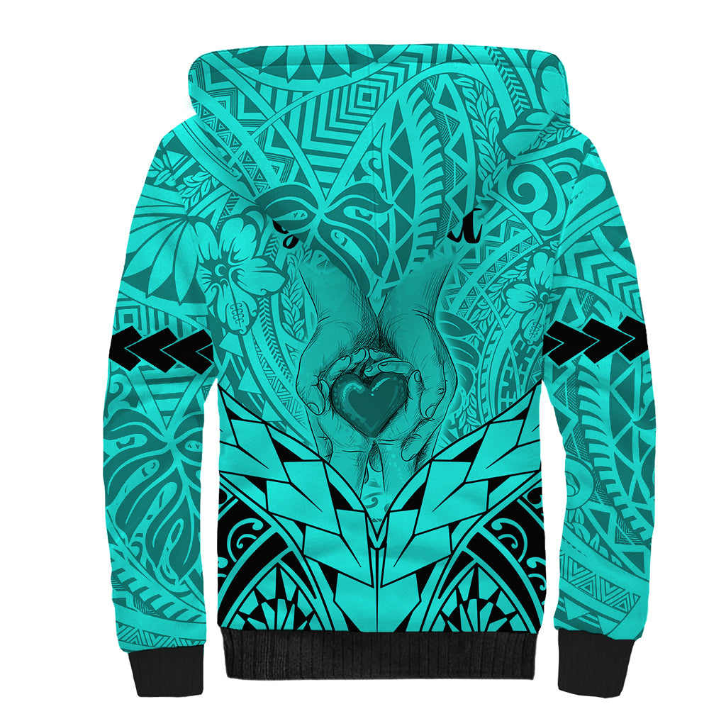 Personalised Polynesian Father's Day Gift For Dad Sherpa Hoodie Super Father In The World - Turquoise Polynesian Pattern - Wonder Print Shop