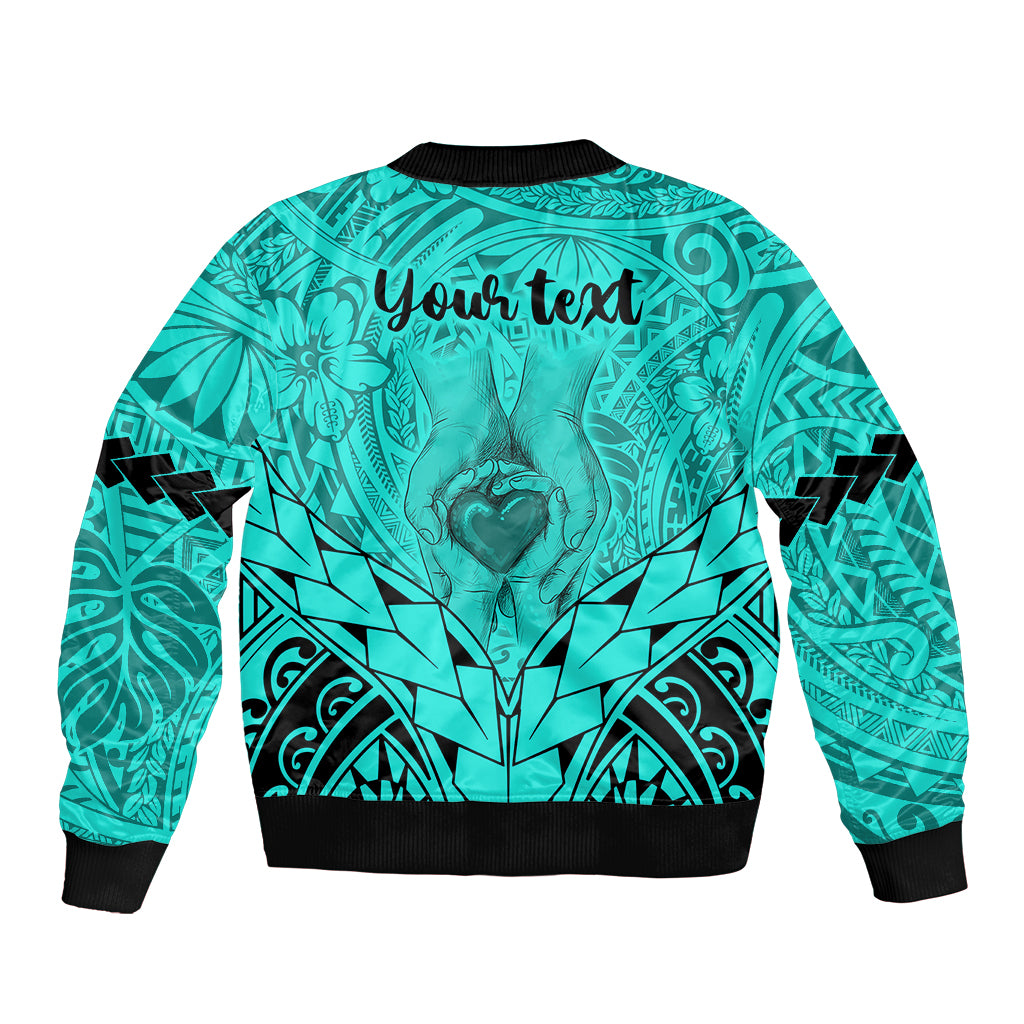 Personalised Polynesian Father's Day Gift For Dad Sleeve Zip Bomber Jacket Super Father In The World - Turquoise Polynesian Pattern - Wonder Print Shop