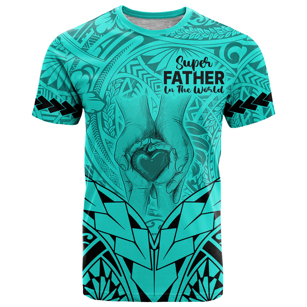 Personalised Polynesian Father's Day Gift For Dad T Shirt Super Father In The World - Turquoise Polynesian Pattern - Wonder Print Shop