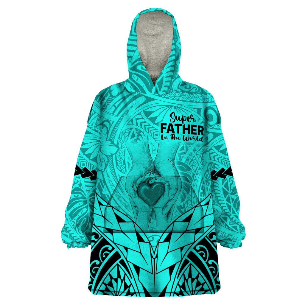 Personalised Polynesian Father's Day Gift For Dad Wearable Blanket Hoodie Super Father In The World - Turquoise Polynesian Pattern - Wonder Print Shop