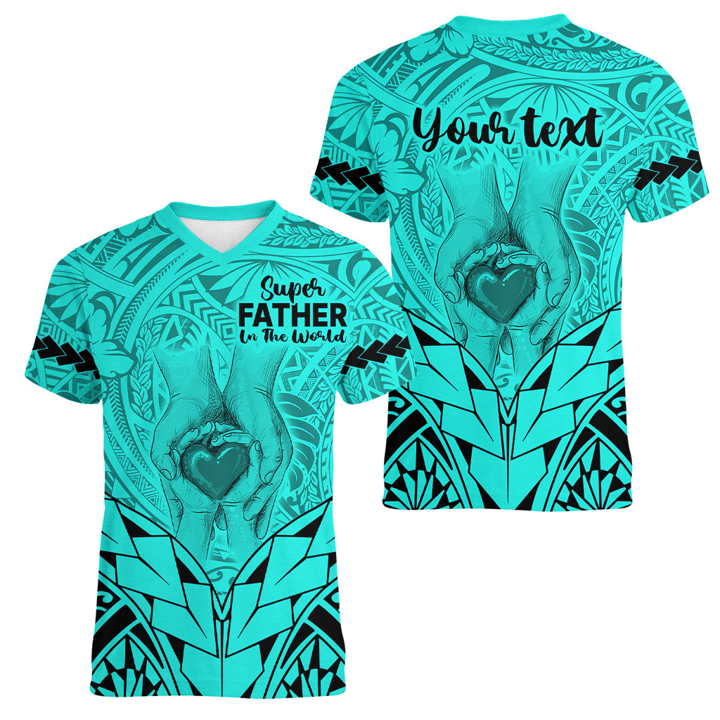 Personalised Polynesian Father's Day Gift For Dad Women V Neck T Shirt Super Father In The World - Turquoise Polynesian Pattern - Wonder Print Shop