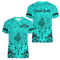 Personalised Polynesian Father's Day Gift For Dad Women V Neck T Shirt Super Father In The World - Turquoise Polynesian Pattern - Wonder Print Shop