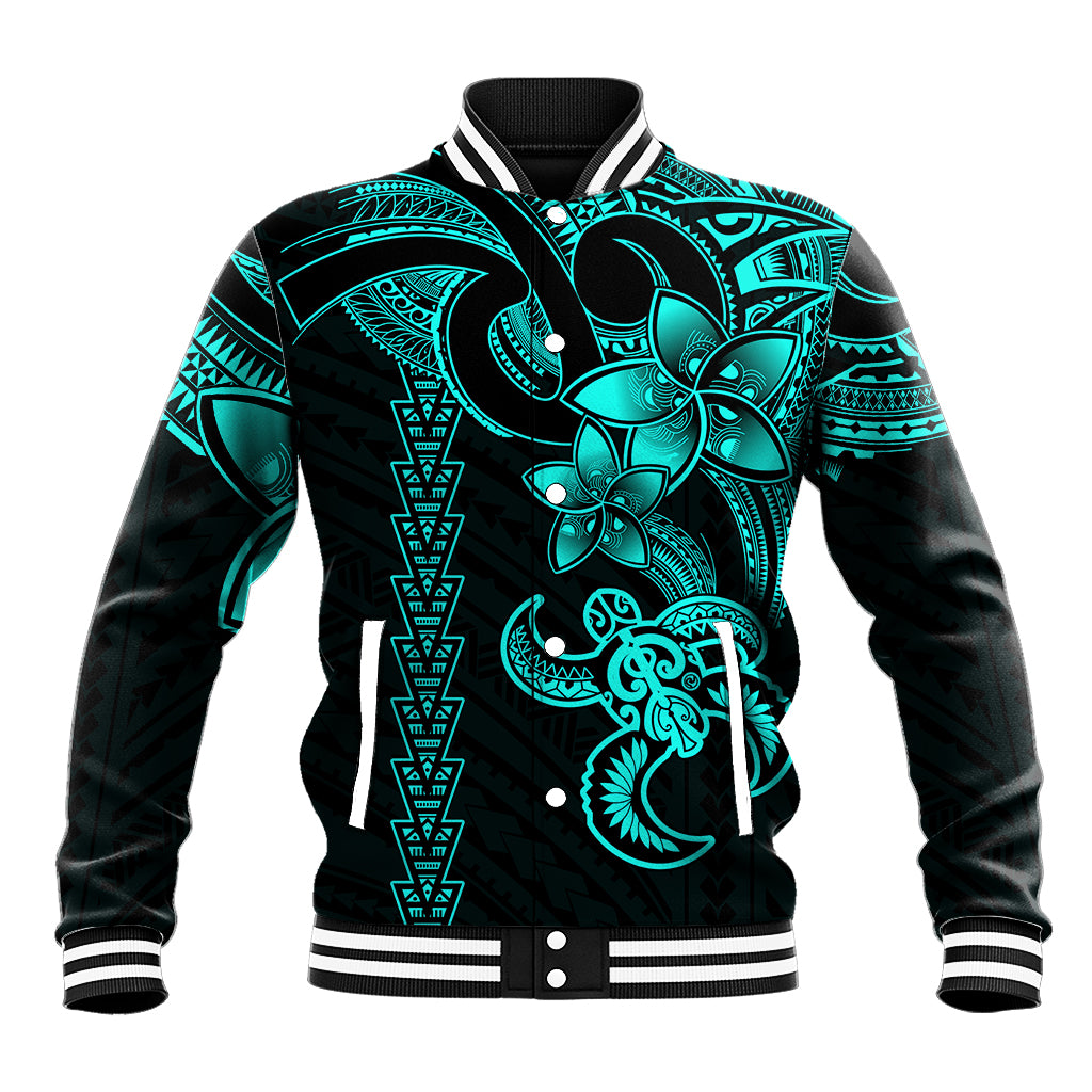 Hawaiian Tribal Baseball Jacket Polynesian Kakau Turtle - Aqua LT9 - Wonder Print Shop