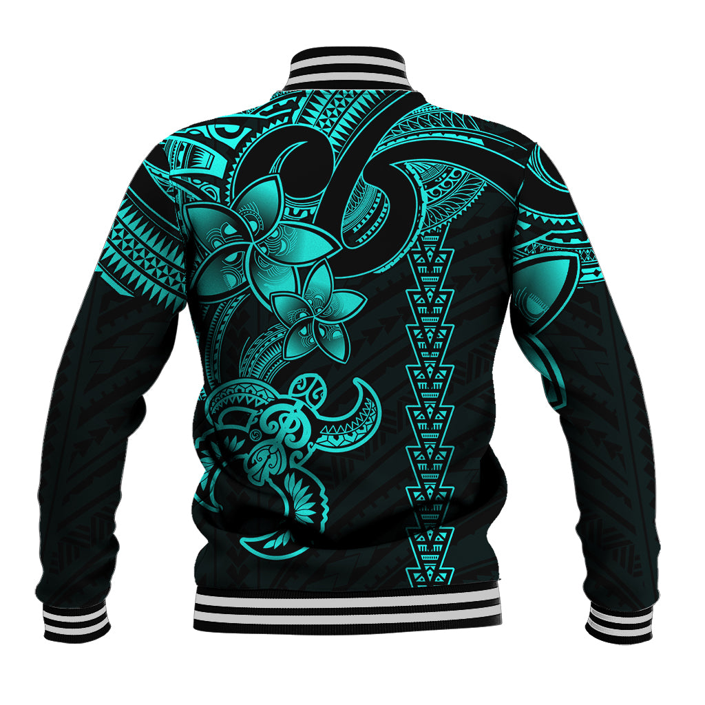 Hawaiian Tribal Baseball Jacket Polynesian Kakau Turtle - Aqua LT9 - Wonder Print Shop