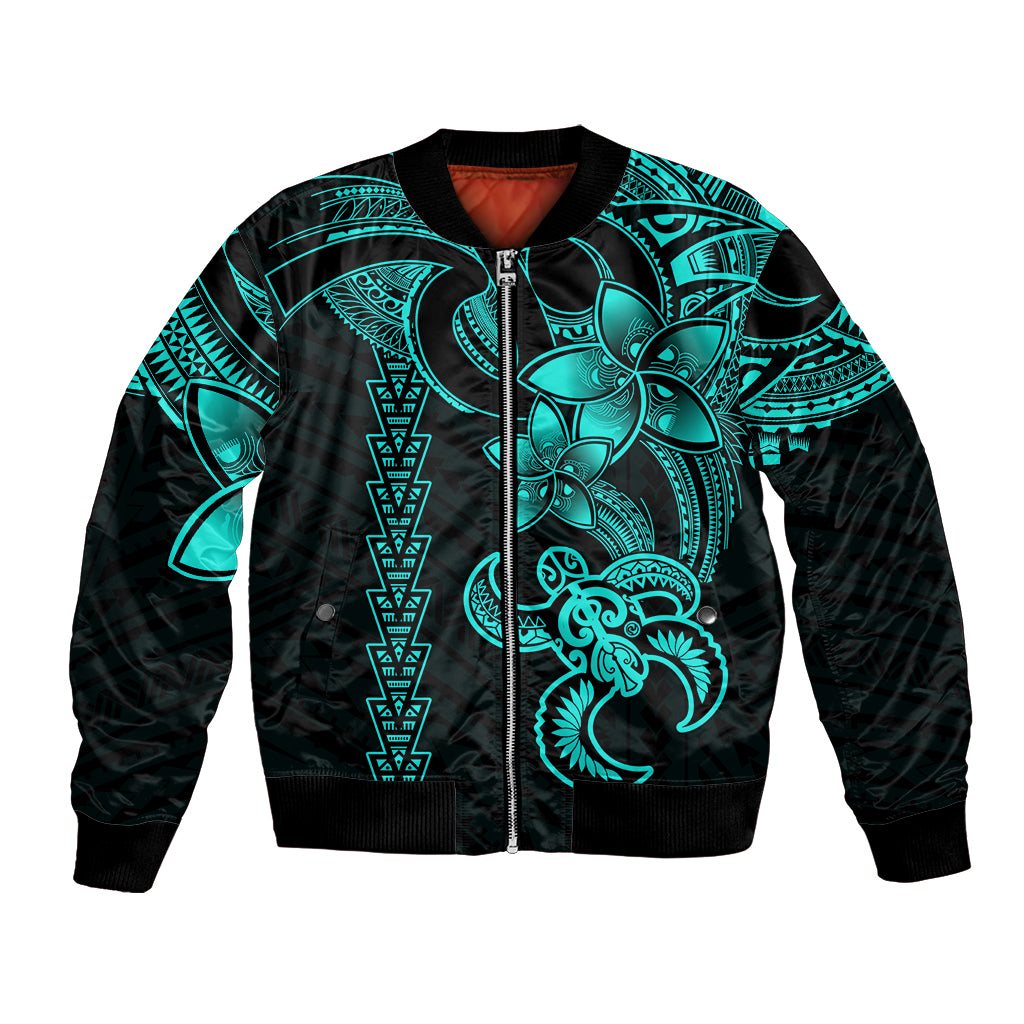Hawaiian Tribal Bomber Jacket Polynesian Kakau Turtle - Aqua LT9 - Wonder Print Shop