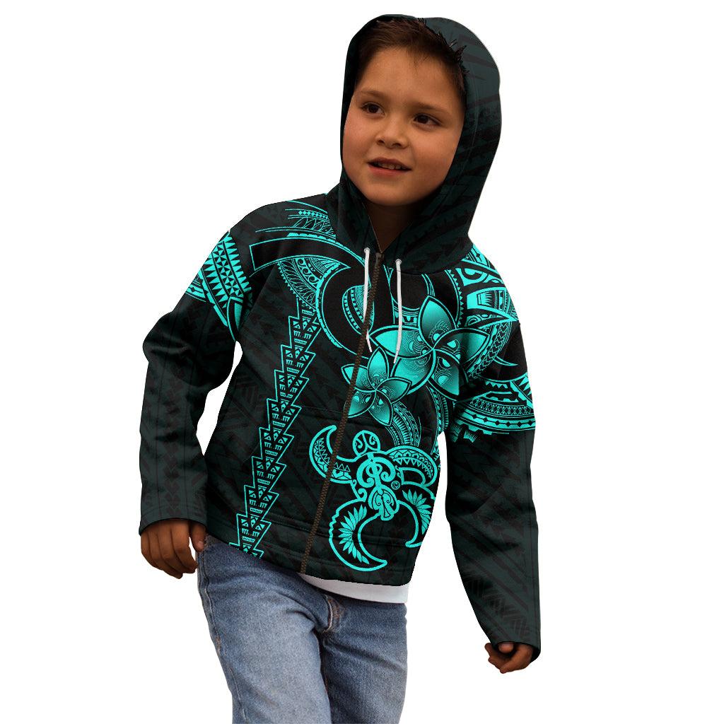 Hawaiian Tribal Kid Hoodie Polynesian Kakau Turtle - Aqua - Wonder Print Shop