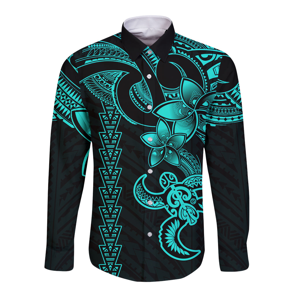 Hawaiian Tribal Long Sleeve Button Shirt Polynesian Kakau Turtle - Aqua - Wonder Print Shop