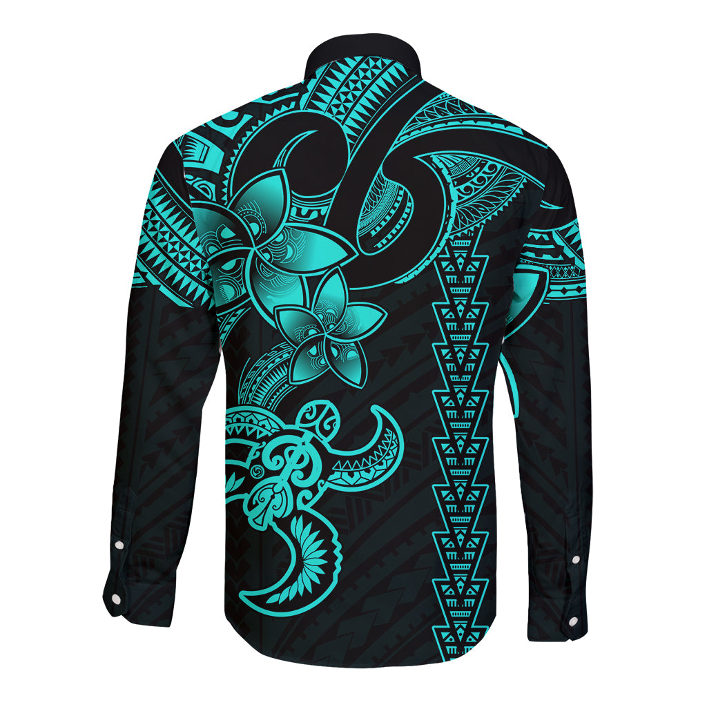 Hawaiian Tribal Long Sleeve Button Shirt Polynesian Kakau Turtle - Aqua - Wonder Print Shop