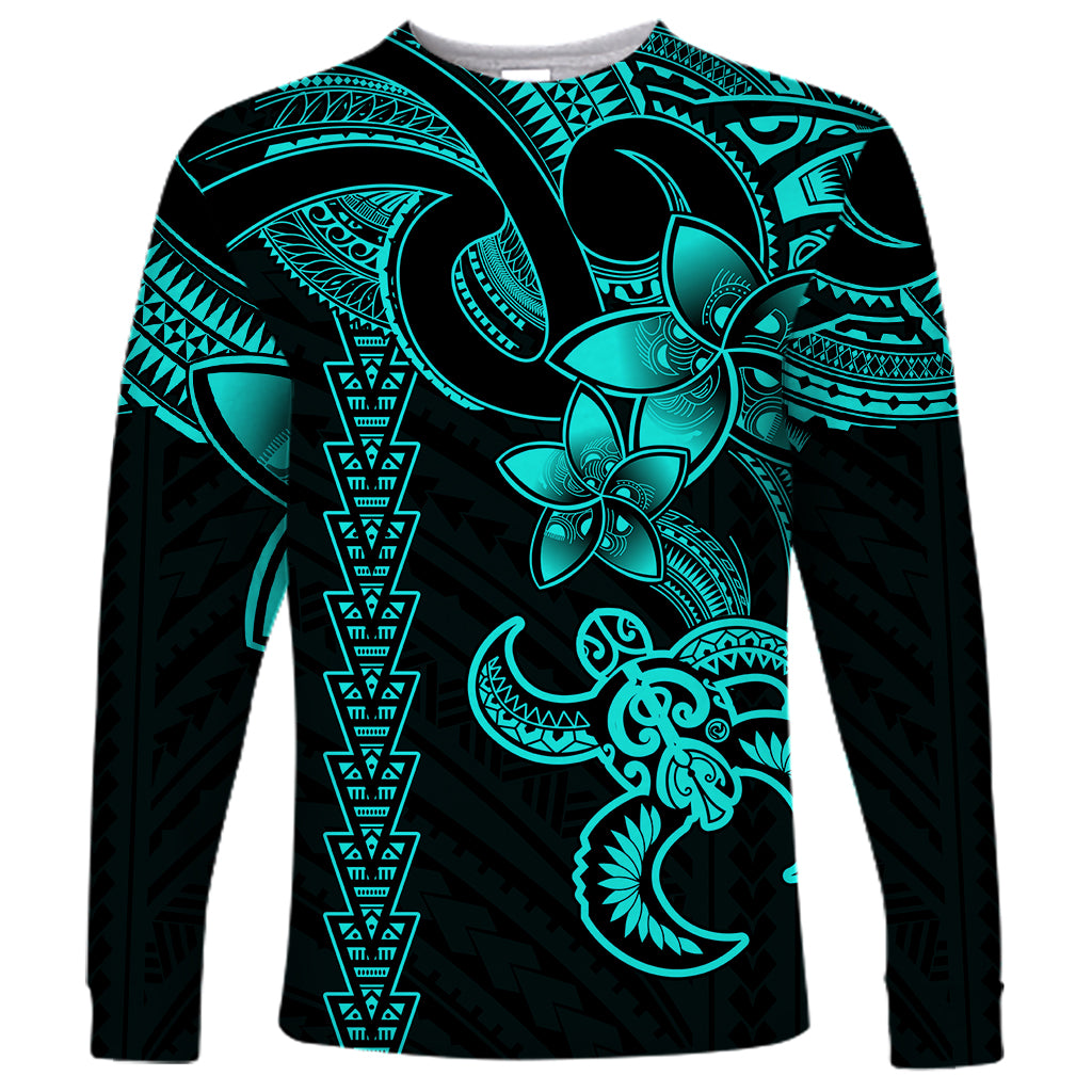Hawaiian Tribal Long Sleeve Shirt Polynesian Kakau Turtle - Aqua - Wonder Print Shop