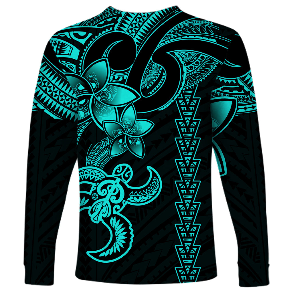 Hawaiian Tribal Long Sleeve Shirt Polynesian Kakau Turtle - Aqua - Wonder Print Shop