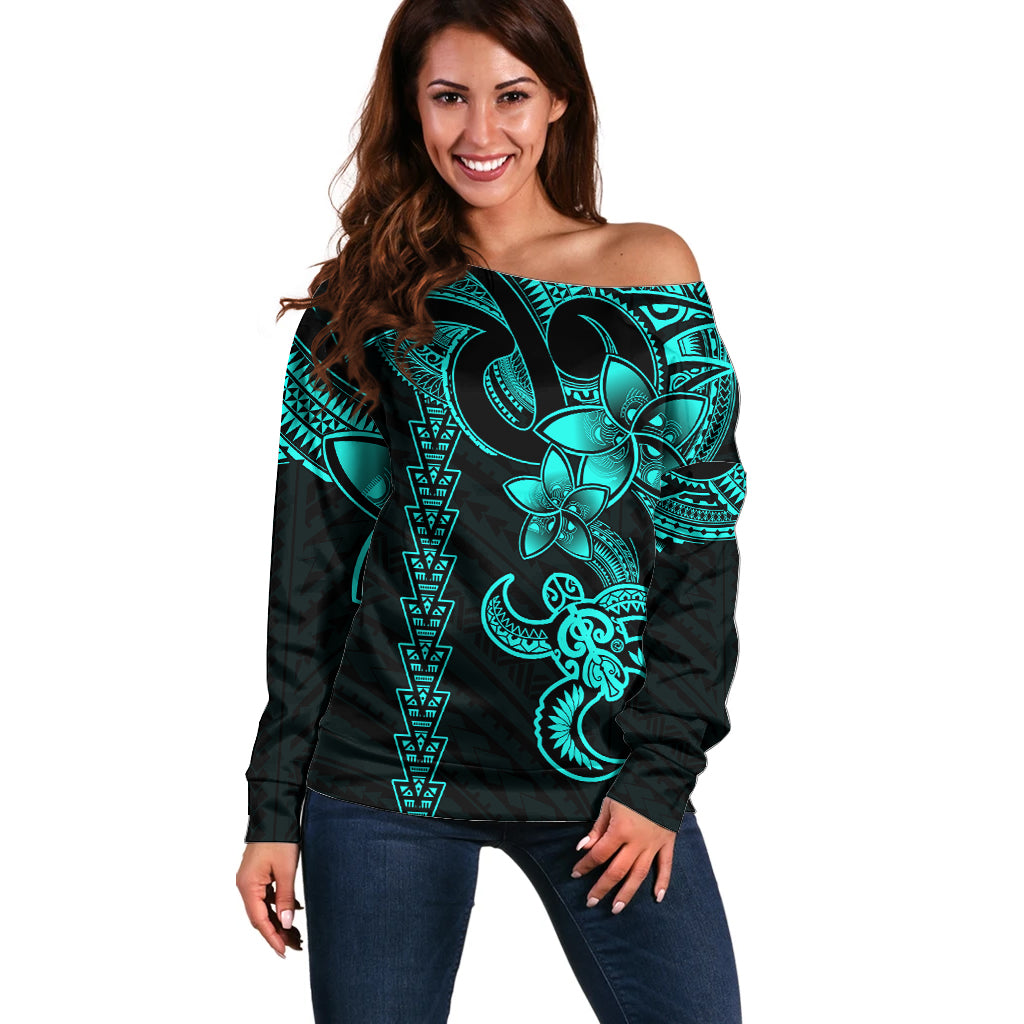 Hawaiian Tribal Off Shoulder Sweater Polynesian Kakau Turtle - Aqua - Wonder Print Shop