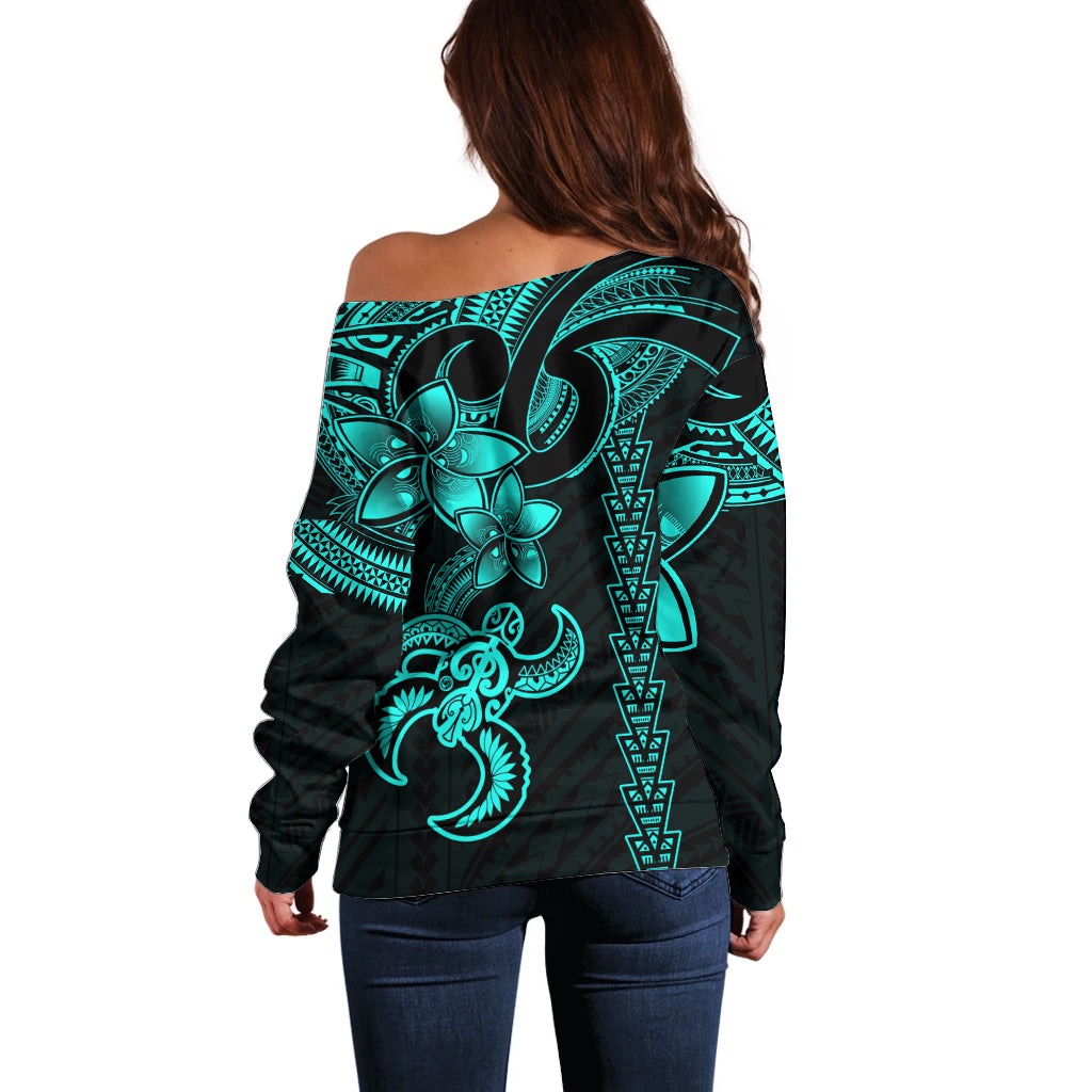Hawaiian Tribal Off Shoulder Sweater Polynesian Kakau Turtle - Aqua - Wonder Print Shop