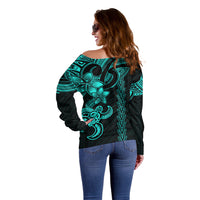 Hawaiian Tribal Off Shoulder Sweater Polynesian Kakau Turtle - Aqua - Wonder Print Shop