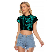 Hawaiian Tribal Raglan Cropped T Shirt Polynesian Kakau Turtle - Aqua - Wonder Print Shop