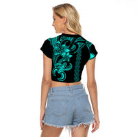 Hawaiian Tribal Raglan Cropped T Shirt Polynesian Kakau Turtle - Aqua - Wonder Print Shop