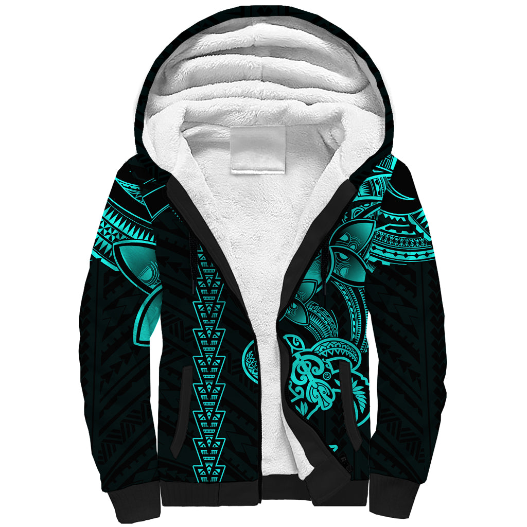 Hawaiian Tribal Sherpa Hoodie Polynesian Kakau Turtle - Aqua - Wonder Print Shop
