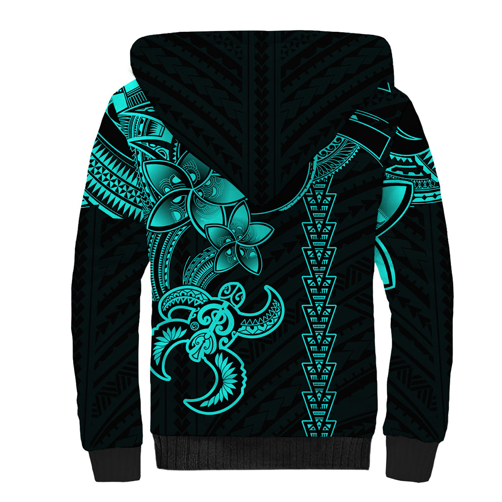 Hawaiian Tribal Sherpa Hoodie Polynesian Kakau Turtle - Aqua - Wonder Print Shop