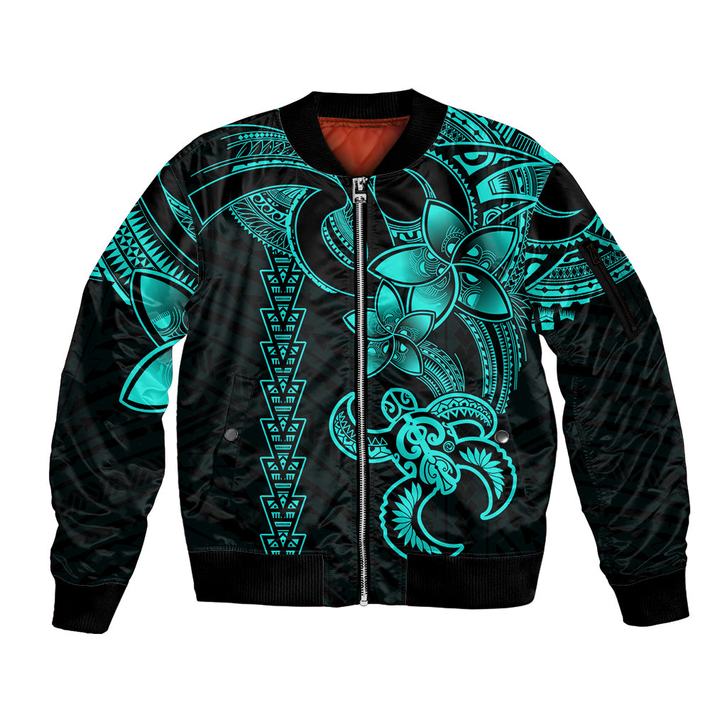 Hawaiian Tribal Sleeve Zip Bomber Jacket Polynesian Kakau Turtle - Aqua - Wonder Print Shop