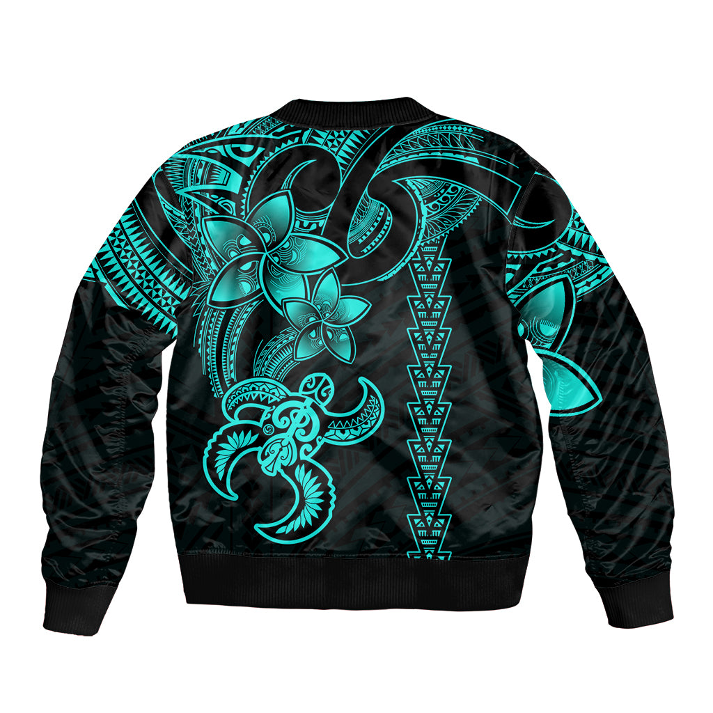 Hawaiian Tribal Sleeve Zip Bomber Jacket Polynesian Kakau Turtle - Aqua - Wonder Print Shop