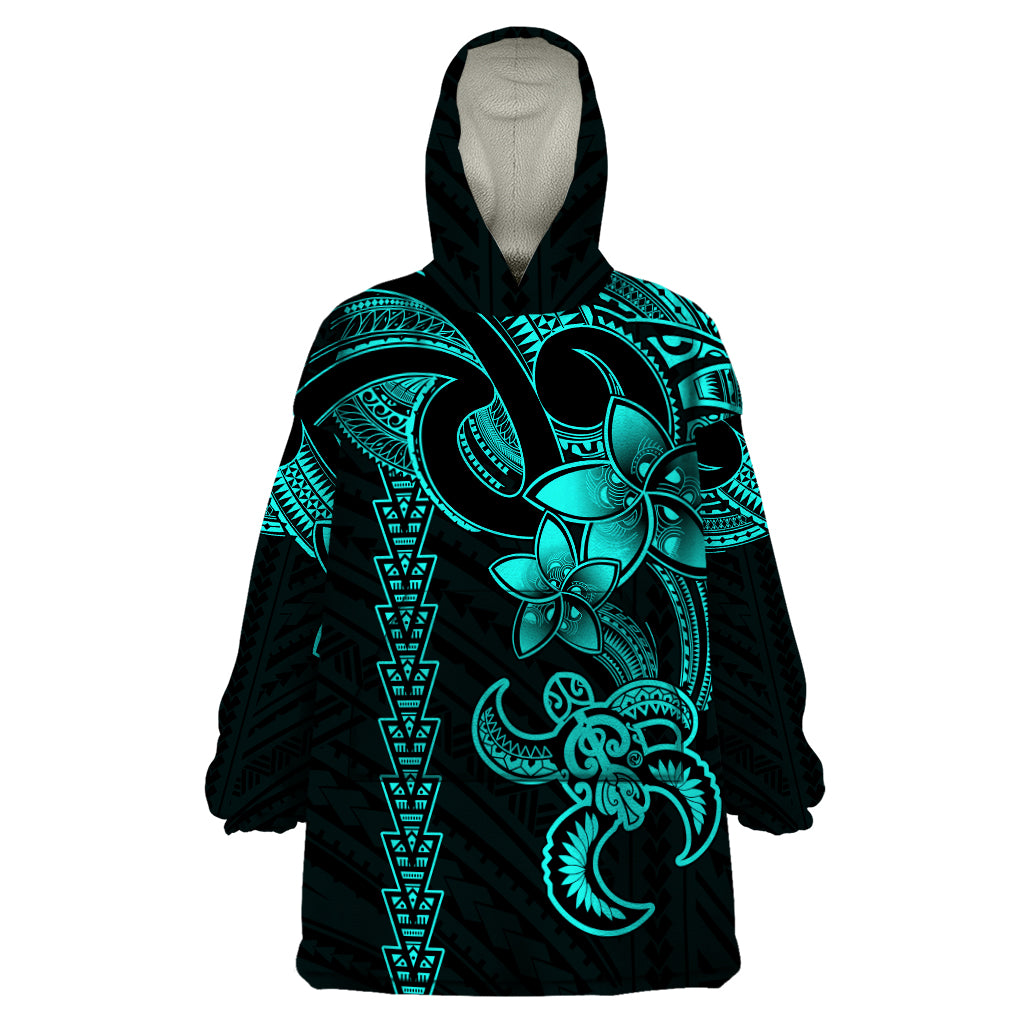 Hawaiian Tribal Wearable Blanket Hoodie Polynesian Kakau Turtle - Aqua - Wonder Print Shop