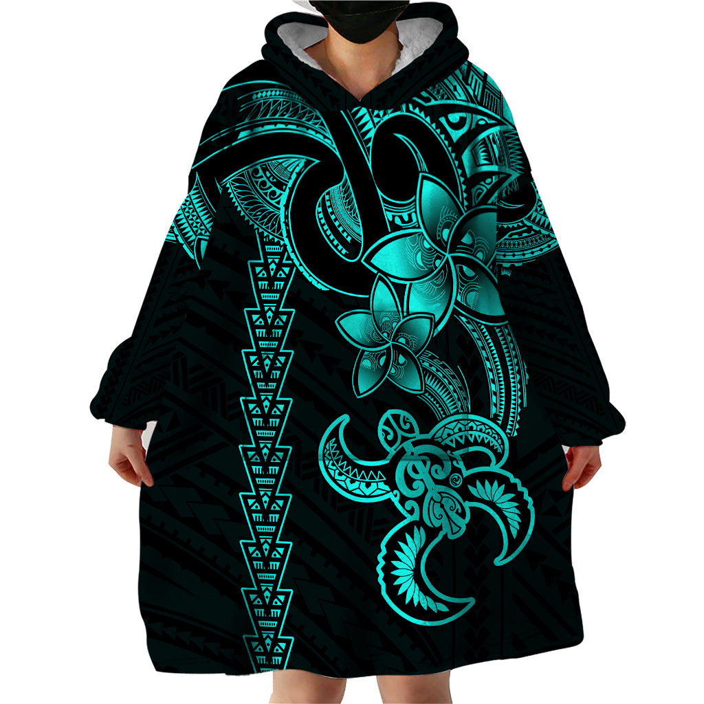 Hawaiian Tribal Wearable Blanket Hoodie Polynesian Kakau Turtle - Aqua - Wonder Print Shop