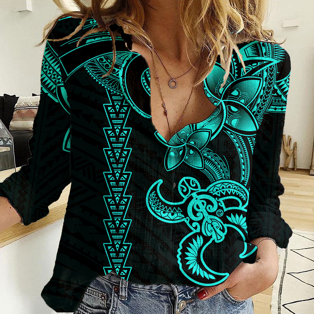 Hawaiian Tribal Women Casual Shirt Polynesian Kakau Turtle - Aqua - Wonder Print Shop