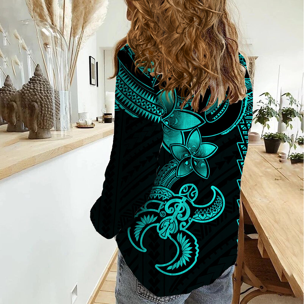 Hawaiian Tribal Women Casual Shirt Polynesian Kakau Turtle - Aqua - Wonder Print Shop