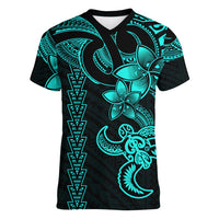 Hawaiian Tribal Women V Neck T Shirt Polynesian Kakau Turtle - Aqua - Wonder Print Shop