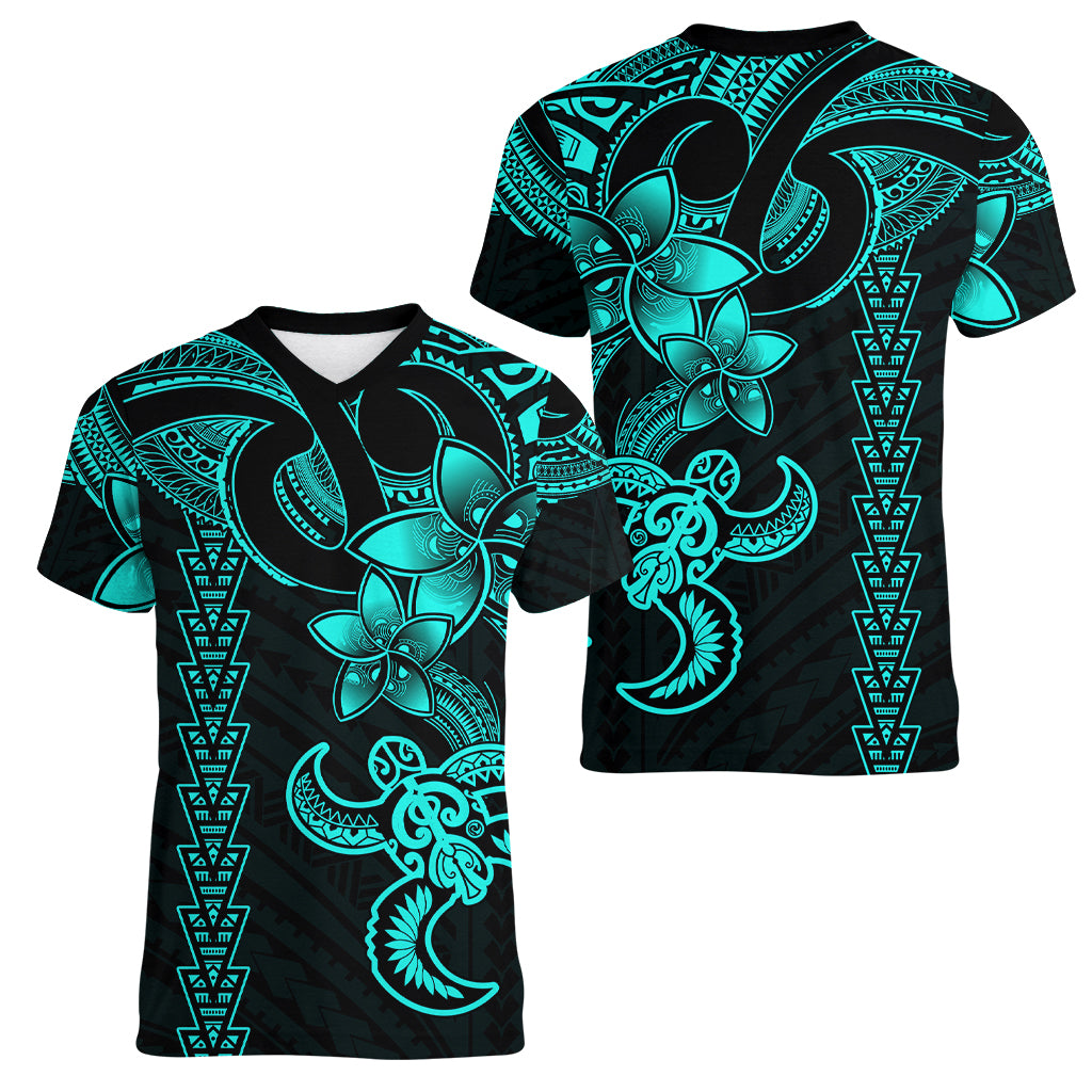 Hawaiian Tribal Women V Neck T Shirt Polynesian Kakau Turtle - Aqua - Wonder Print Shop
