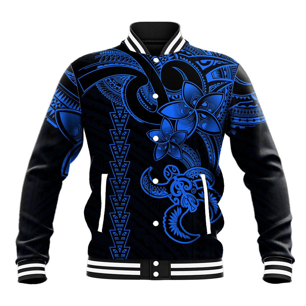 Hawaiian Tribal Baseball Jacket Polynesian Kakau Turtle - Blue LT9 - Wonder Print Shop