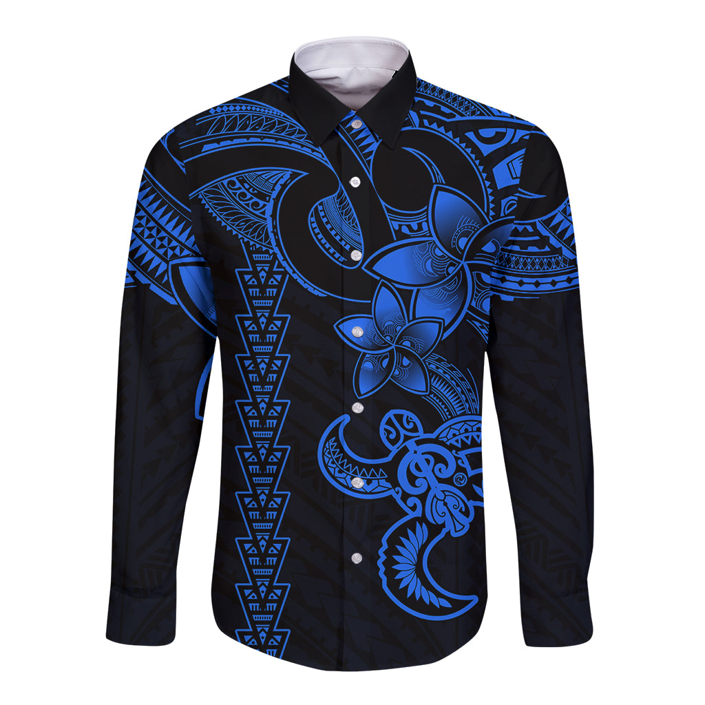 Hawaiian Tribal Long Sleeve Button Shirt Polynesian Kakau Turtle - Blue - Wonder Print Shop