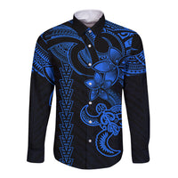 Hawaiian Tribal Long Sleeve Button Shirt Polynesian Kakau Turtle - Blue - Wonder Print Shop