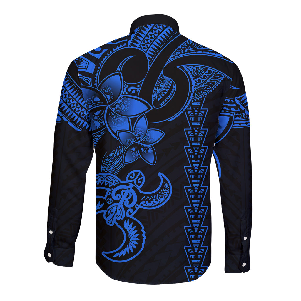 Hawaiian Tribal Long Sleeve Button Shirt Polynesian Kakau Turtle - Blue - Wonder Print Shop