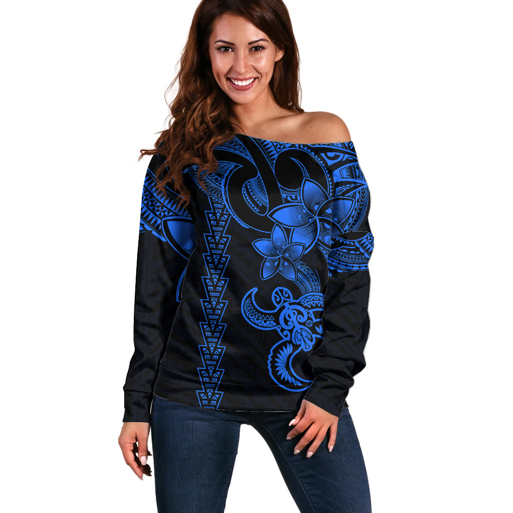 Hawaiian Tribal Off Shoulder Sweater Polynesian Kakau Turtle - Blue - Wonder Print Shop