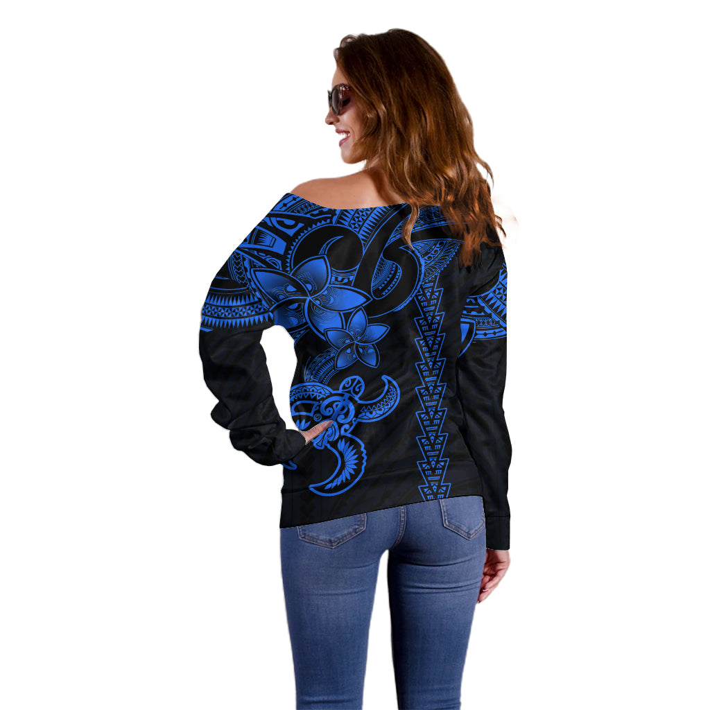 Hawaiian Tribal Off Shoulder Sweater Polynesian Kakau Turtle - Blue - Wonder Print Shop