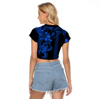 Hawaiian Tribal Raglan Cropped T Shirt Polynesian Kakau Turtle - Blue - Wonder Print Shop